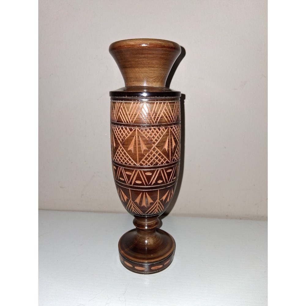 Vintage Hand Carved Turned Wood Vase Geometric Tribal Folk Art 8"